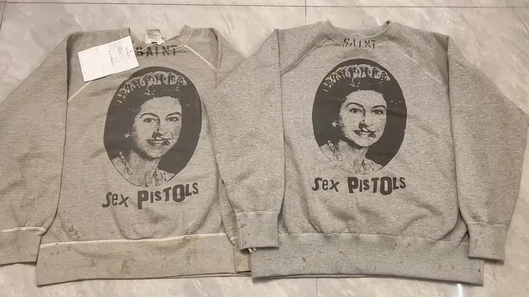 Printing proofing SAINT Mxxxxxx x SEX PISTOLS QUEEN SP_CREW SWT/GRAY band joint vintage sweatshirt Queen ripped retro sweatshirt gray S-XL